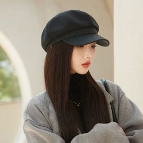 Korean Hat British Retro Leather Along Octagonal Cap (Option: MM1532 Black-Free Size)