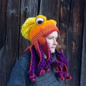 New Adult Hat Tricky And Funny Octopus Headgear Handmade Crochet Woolen Hat (Option: Bright yellow and purple-Adult one size)