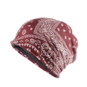 Autumn And Winter Windproof Earmuff Head Hat Cashew Flower Print Pile Hat Men And Women (Option: Wine red plus velvet)