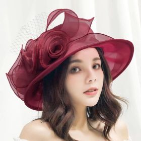 Women's Sun Hat Mesh Bowler Hat Organza Summer Sun Hat (Option: Dark Red-Free Size)