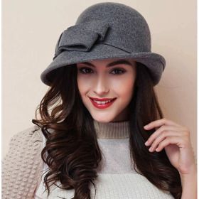 Women's French-style Elegant Retro Woolen Bowler Hat Curling Bow (Option: Grey-Free Size)
