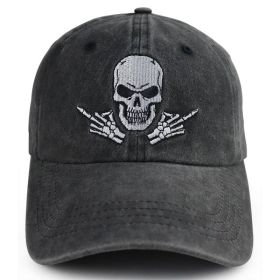 2pcs Washed Black Skull Baseball Cap, Skeleton Rock Hand Embroidered Hat, Adjustable Vintage Distressed Cotton Trucker Cap For Men Women (Option: 1pcs)