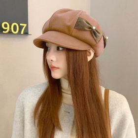 Fashion Pearl Bow Makes Face Look Small Beret Trendy (Option: MM1484 Khaki-Free Size)