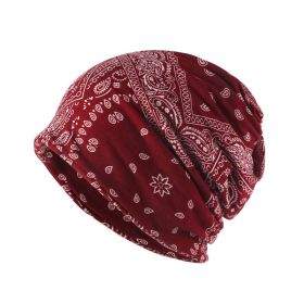 Autumn And Winter Windproof Earmuff Head Hat Cashew Flower Print Pile Hat Men And Women (Option: Wine Red)
