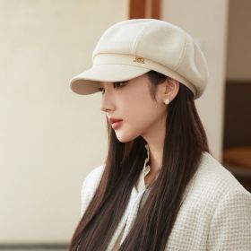 Korean Hat British Retro Leather Along Octagonal Cap (Option: MM1532 Milky White-Free Size)