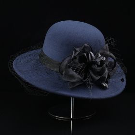 Net Yarn Flowers Woolen Basin Hat Female European And American French Hepburn Style (Option: Navy Blue-M)
