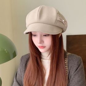 Fashion Pearl Bow Makes Face Look Small Beret Trendy (Option: MM1484 Beige-Free Size)