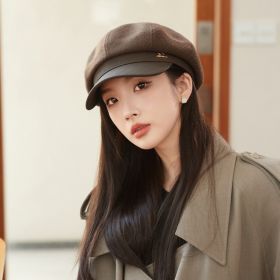 Korean Hat British Retro Leather Along Octagonal Cap (Option: MM1532 Coffee-Free Size)